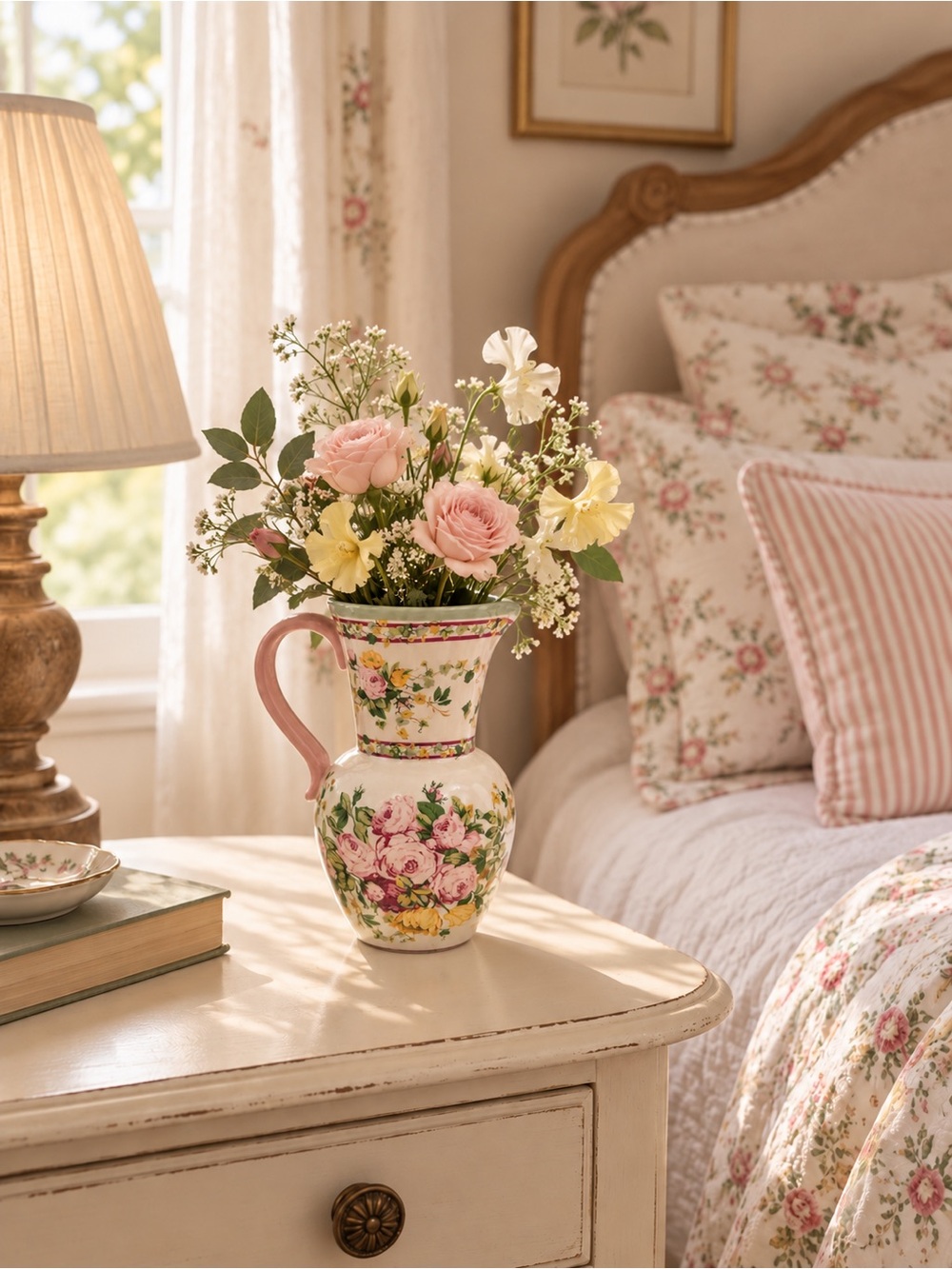 Laura Ashley Home Floral Ceramic Pitcher Vase - Pink and Multicolor